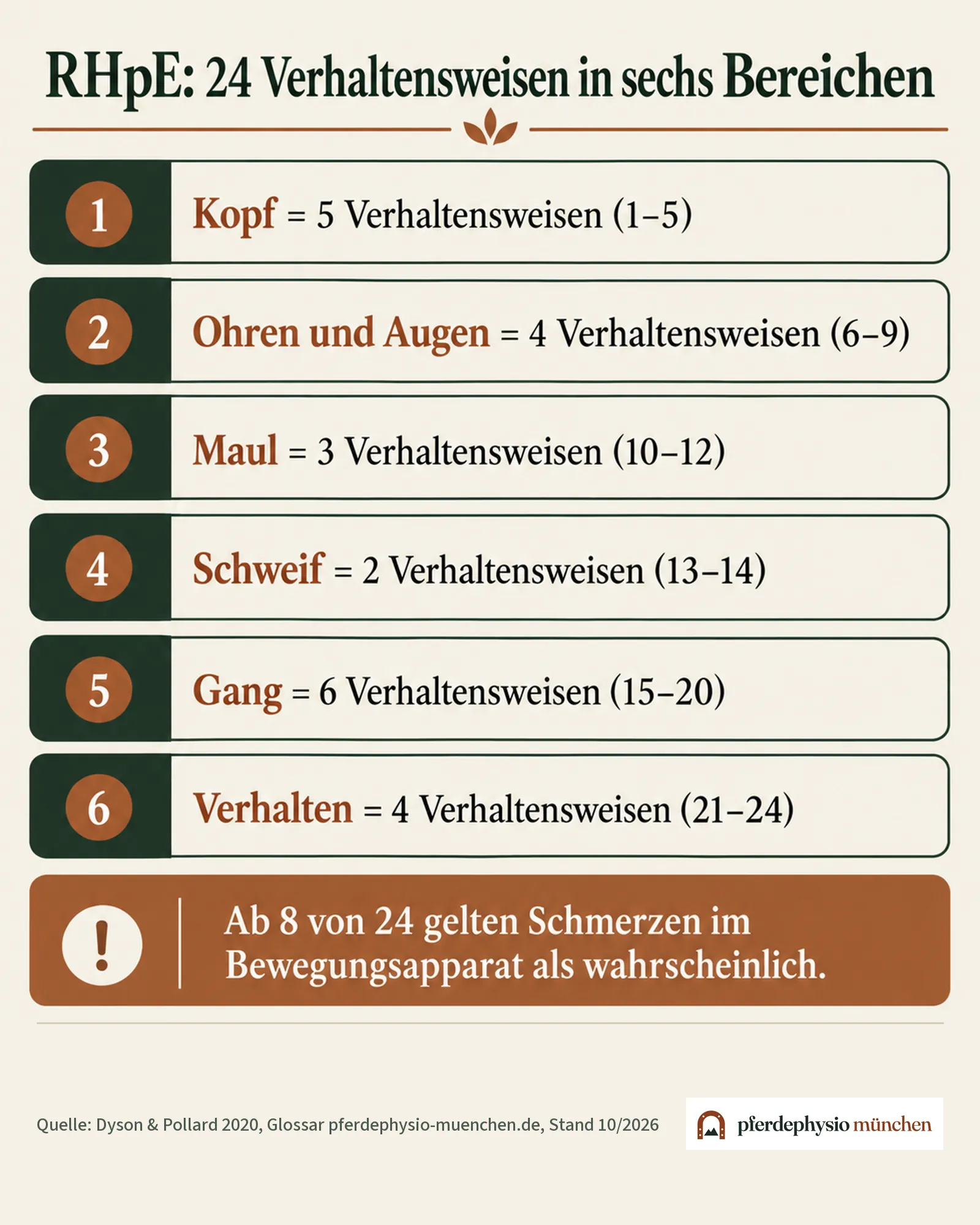 Infografik: Die 24 Verhaltensweisen des Ridden Horse Pain Ethogram, verteilt auf sechs Bereiche von Kopf bis Verhalten