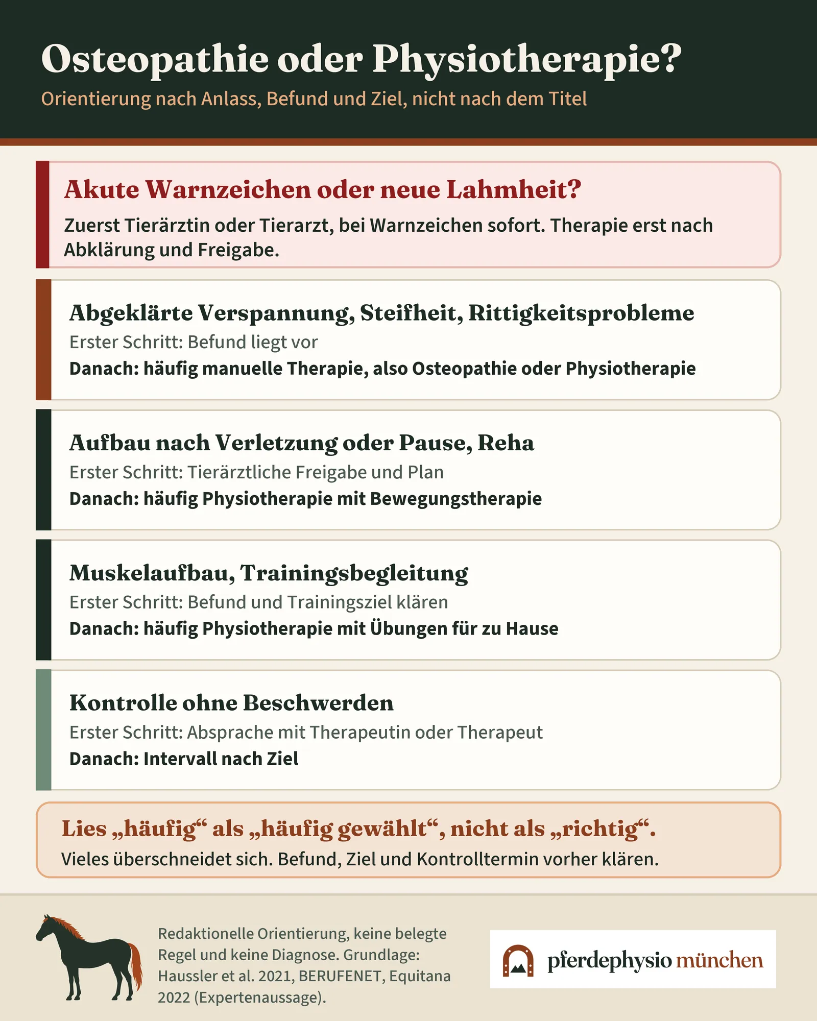 Infografik: Entscheidungshilfe Osteopathie, Physiotherapie oder zuerst Tierärztin oder Tierarzt beim Pferd